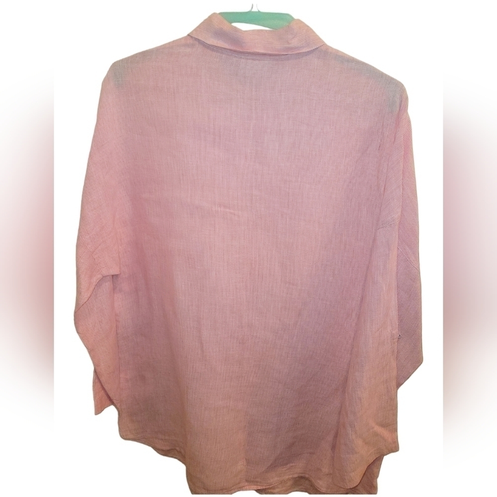 Chico's Pink and White Stripped Linen Button Down Side Pocket Knee Length Shirt - Picture 5 of 6